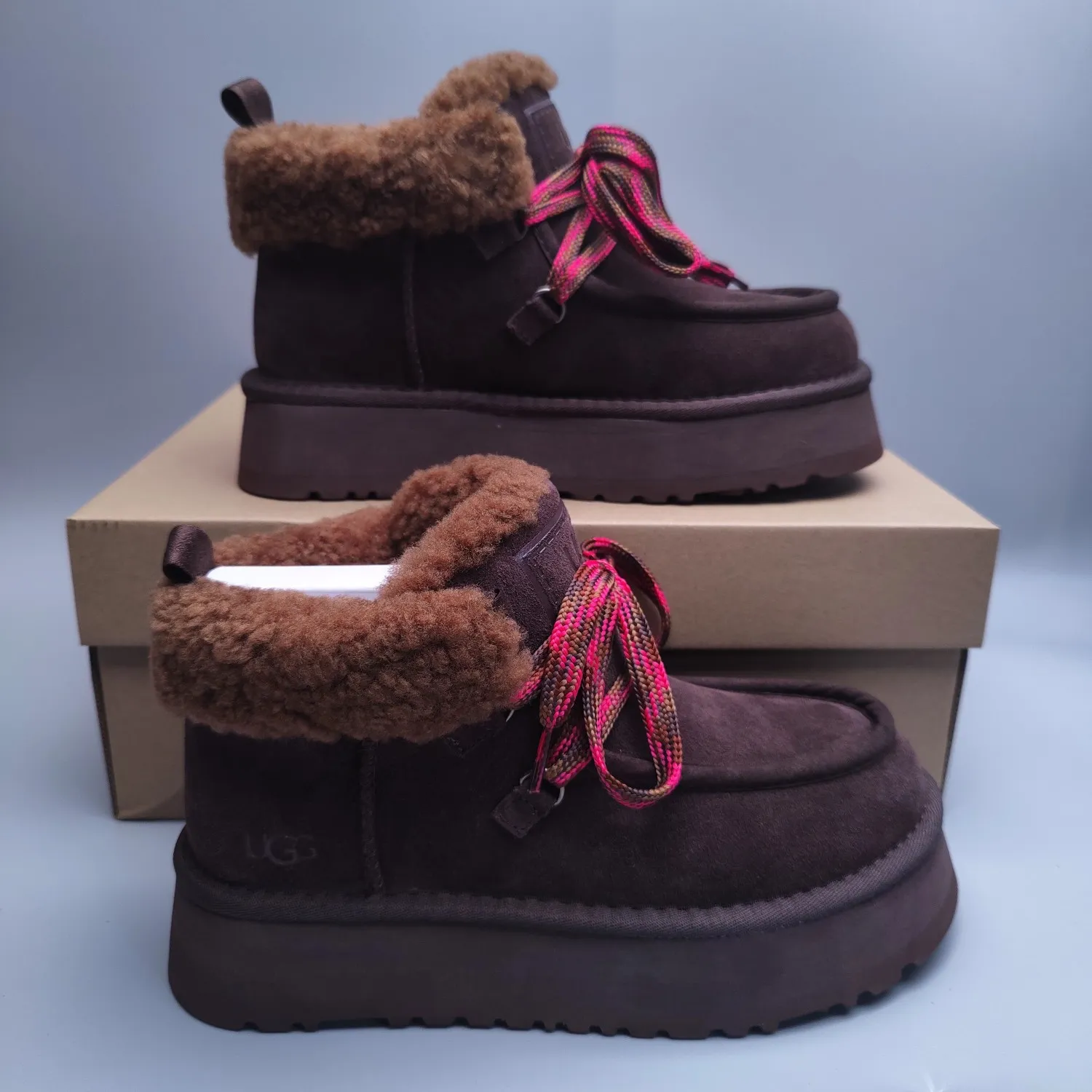 💰560 UGG sheepskin all-in-one snow boots 3954 thick-soled lace-up women's boots Color: Maroon Black Chocolate Brown Gray Size: 35-41